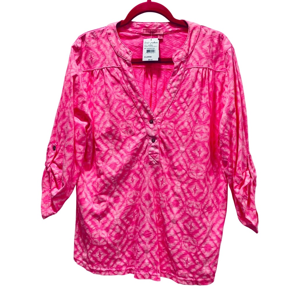Fresh Produce Shibori Henley Top Shirt Pink Tie Dye Roll Tab Sleeve XL